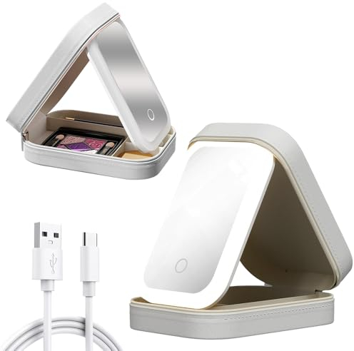 Portable Trousse de Maquillage avec Miroir LED Maquillage, Trousse Maquillage Femme avec Compartiments, 3 Modes d'éclairage, Boite a Bijoux Voyage Makeup Bag (Blanc)