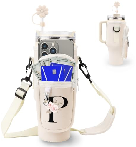 Initial Personalized Water Bottle Bag for Stanley 40oz Tumbler,with Phone Pocket,Neoprene Water Bottle Carrier with Adjustable Strap and Straw Cover & Carabiner,for Stanley Cup Accessories(P)