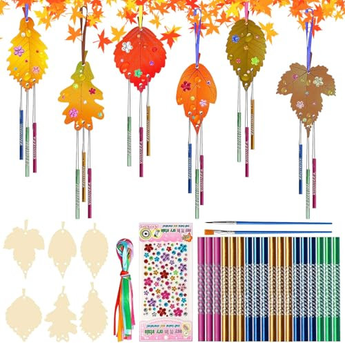 SPHERETRON 12 Stück Windspiel Bastelset Kinder Holz Blatt Windspiele zum Bemalen DIY Blätterwindspiele Holz Herbstbastelei mit Diamant Aufkleber Kindergeburtstag für Herbstdeko Bastelhandwerk