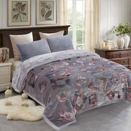 JML Plüsch-Fleecedecke, 221 x 238,8 cm, 4,8 kg, koreanischer Stil, Nerzdecke, King-Size-Größe für den Winter, weich und warm, 2-lagig, A&B Bedruckte geprägte Raschel-Bettdecke (Grauer Rahmen)