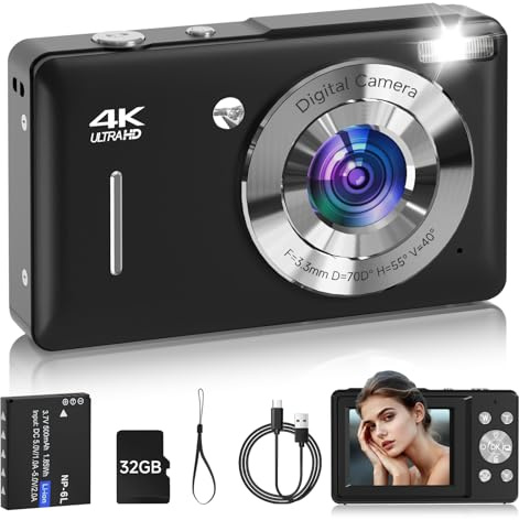 Kids Digital Camera, FHD 1080P 44MP Spot and Shoot Digital Camera with Face Detection, Smile Capture, 16X Zoom, 20 Filters, Anti-Shake, 32GB SD Card, Compact Camera