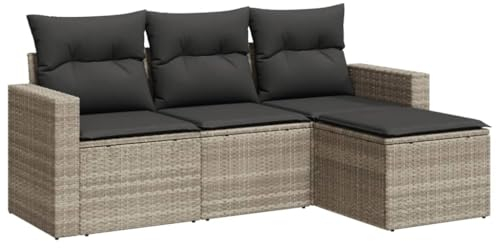 vidaXL Garten Sofa Garnitur 4-TLG., Gartenmöbel Set mit Kissen Stauraum, Sitzgruppe für Garten Terrasse, Modular Gartensofa Hocker Lounge, Hellgrau Poly Rattan
