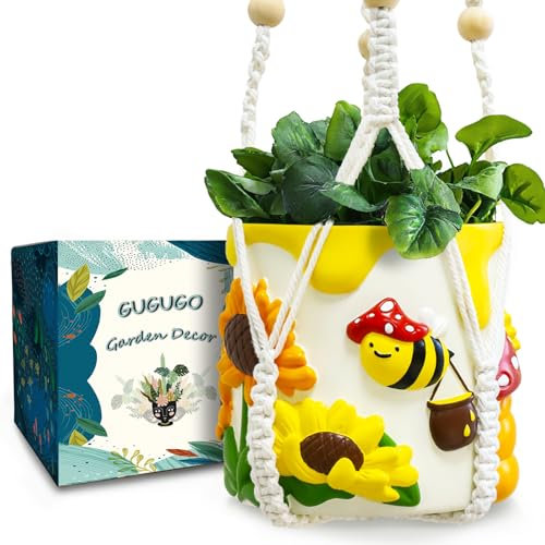 GUGUGO Bees Sunflowers Hanging Planters, Cute Unique Hanging Plant Pots with Drainage, Colorful Small Mushrooms Flower Pot for Indoor Plants with Plant Hangers, Funny Hanging Basket Gardening Gift
