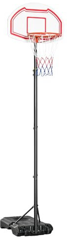 HOMCOM Canestro Basket ad Altezza Regolabile con Base Riempibile e 2 Ruote, Canestro da Basket in Acciaio, PE e HDPE, 70x45x258-314cm, Rosso