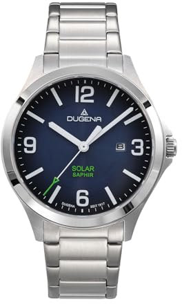 Dugena Boston Solar 4461147 – Solaruhr Herren, Edelstahlgehäuse Ø41 mm, blaues Zifferblatt, Saphirglas, 10 Bar Wasserdicht