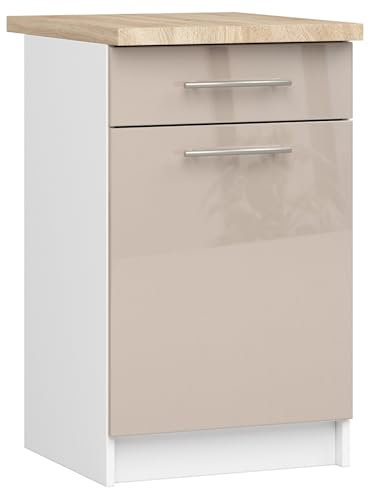AKORD | Küchenschrank mit Arbeitsplatte - Oliwia S50 | Küchenunterschrank mit Tür, Schublade und 2 Einlegeböden | Unterschrank Küche 50 cm Breit | ABS 18 mm | 46 x 50 x 85 cm | Weiß & Cappuccino Glanz