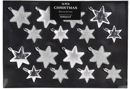 MIJOMA 16-teiliges Christbaumkugel-Set, bruchsicher, 2 Größen 65mm & 45mm, Weihnachtsanhänger – Herzform oder Sternform, Weihnachtsbaumschmuck Matt, Glänzend, Glitter (Silber, Stern)