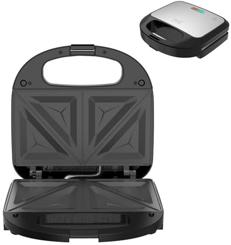 KROWN - Sandwichera Doble 750W con Placas Antiadherentes Triangulares, Libre de BPA, Indicador LED, Asa de Tacto Frío, Diseño Compacto en Acero y Negro (2 Sandwiches)