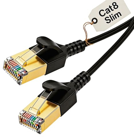 Elfcam® - 3,5m Cable Ethernet Slim Cat 8 Ultra Delgado 32AWG SFTP 40Gbps 2000MHz, Cable LAN/WAN con Conectores RJ45, Negro Redondo