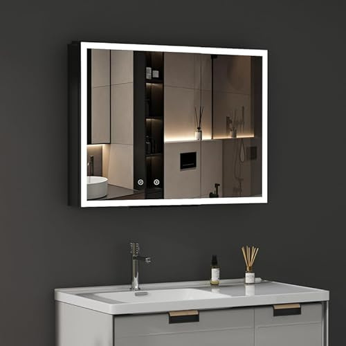 WDWRITTI Spiegelschrank mit Beleuchtung 60x80x13,5cm LED Badezimmerschrank, Medizinschrank Badezimmer Hängeschrank mit Spiegel mit 3-Farben Dimmbar, Beschlagfrei Spiegelschrank