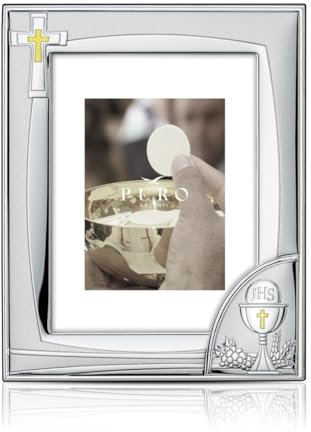 Puro Argento - Marco para primera comunión de plata PVD con cruz y cáliz, 9 x 13 cm