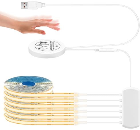 HOTUT Tira LED COB 1M, 6 piezas Tira de Luces LED Con Interruptores de Atenuación Táctiles y de Escaneo Manual, Cinta Led Blanca Cálida USB para Decoración Hogar, Espejo, Cocina, Escalera de Techo