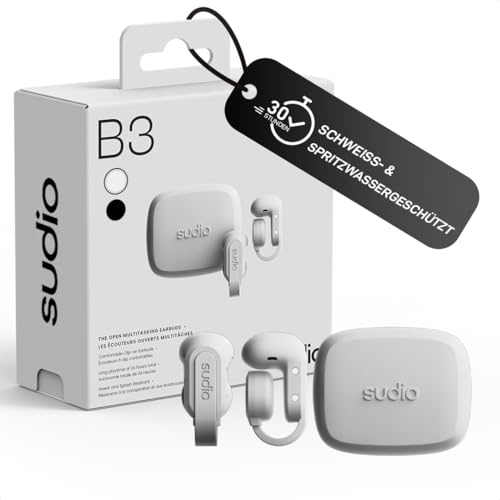 sudio B3 True Wireless Kopfhörer Kabellos Bluetooth 6.0 | Offene Clip-On Earpods | Multipoint Verbindung | 30h Spielzeit | Touch Steuerung | Schweiß & Spritzwassergeschützt | USB-C Ladecase | Weiß