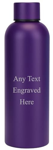 Personalised Engraved Any Message Double Wall Insulated Water Bottle 500ml 17.5oz Hot Cold 5 Colours Available (Purple)