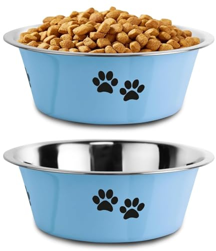 SUOXU Lot de 2 Gamelles pour Chiens en Acier Inoxydable (Bleu, 2020ML), Fond en Caoutchouc Antidérapant, Gamelles en Métal Anti-déversement pour Chiens de Grande, Moyenne