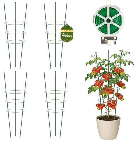 MQHUAYU 90cm Tomaten Rankhilfe 4 Stück, Metall Rankhilfe mit 3 Verstellbare Ringe, Rankstütze Kletterpflanzen, Tomatenkäfig Pflanzenstütze für für Tomaten Blumen Verwendet, Grün