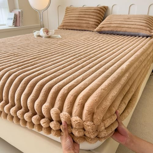 Spannbettlaken aus Plüsch, dick gefüttert für extra Wärme im Winter - Weich und maschinenwaschbar, passt für Einzel-, Doppel-, Kingsize- und Super-Kingsize-Betten(Brown,180 x 200cm)