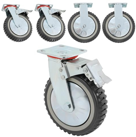 Rollen Schwerlast 200mm, 4er Set Schwerlastrollen mit Bremse & Bockrollen, 360° Drehbar Lenkrollen Transportrollen Möbelrollen für Viele Bodenarten, Lenkrollen für Ausrüstung,Maschinen, BIS 700KG