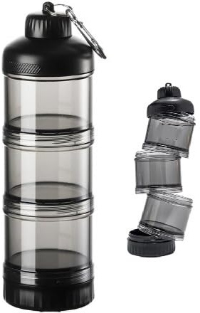 Omana Protein Powder Storage Container to go, Portable Supplement Container with Funnel & Keychain for Travel Gym Workout Fitness, BPA Free (Black, 450ml)