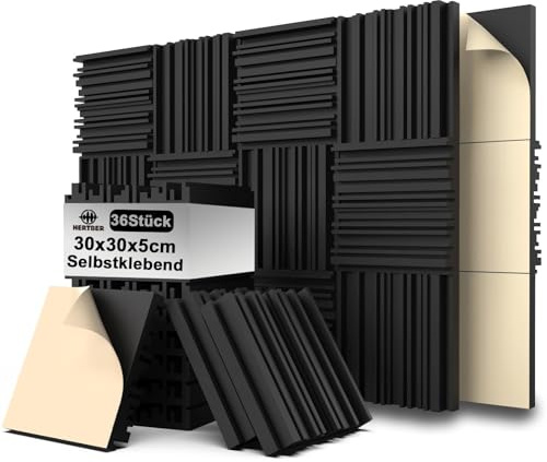 HERTBER 36 Stück Akustikpaneele, Selbstklebend Wandpaneele, Schwarz Gerillte Akustikschaumstoff 30 x 30 x 5 cm , Akustikplatten Hohe Dichte Schalldämmung Selbstklebend für Gaming Zimmer und Büro