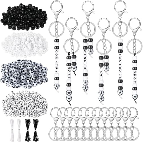MWOOT Fußball Perlen Schlüsselanhänger Bastelset, DIY Schlüsselanhänger mit Schlüsselringe, Buchstaben, Fußballförmigen und Schwarze Weiße Perlen, Fußballfans Geschenke für Rucksack Handtaschen Charms