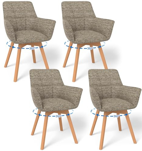WAFTING 4er Set 360° Drehbare Esszimmerstühle mit Armlehnen und Holzbeinen | Drehbar Stühle, Moderner Küchenstuhl aus Samtstoff, Polsterstuhl für Esszimmer, Wohnzimmer, Küche, Schlafzimmer, Braun