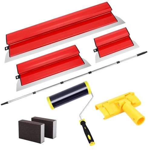 Spatole per Stucco Kit, Set di Strumenti per Finitura con 3 Raschietti | 25cm 40cm 60cm Spatole, Rullo Anti-pelucchi e Asta di Prolunga, per Appiattire Pareti e Soffitti di Superficie