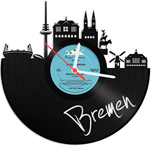 GRAVURZEILE Schallplattenuhr - Skyline Bremen - Wanduhr aus gegossenem Vinyl mit Stadt Skyline 30 cm - Upcycling Design-Uhr Wand-Deko Vintage Wand-Dekoration Retro-Uhr - Made in Germany