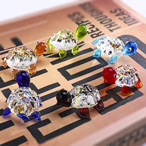 HDCRYSTALGIFTS Set mit 6 handgefertigten kleinen Schildkröten, mundgeblasenem Glas, Kunstornamente, Geschenke, Meerestier-Sammelfigur