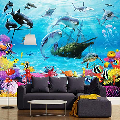 Fototapete 3D Effekt Tapete Unterwasser U-Boot Koralle Delphin 300X210Cm Modern Riesiges Bild Wohnzimmer Schlafzimmer Jugendzimmer Dekoration,Hd-Leinwand