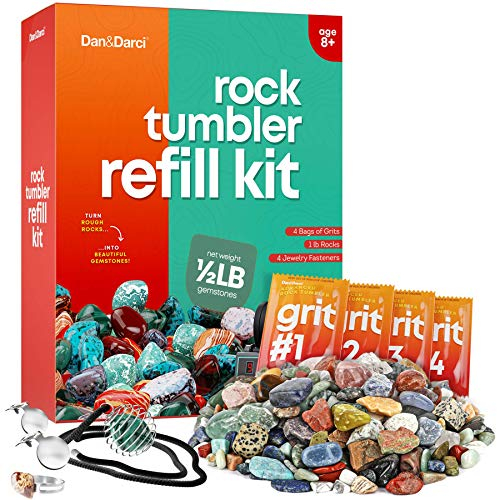 Dan&Darci Mega Rock Tumbler Refill Kit - 9 Varieties of Gems - 0.5 lb, 4 Grit Levels, Jewelry Fasteners, Compatible with All Tumblers Rock Tumbling Supplies