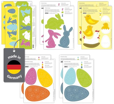 PRICOMO 10 Bastelbogen zum Prickeln Ostern (je 2x Hasen, Eier Orange, Eier Blau, Küken, Windlichter) DIN A5 by Familienmomente