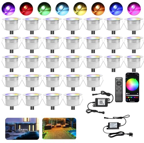 INDARUN RGBW WiFi Led Decking Lights Waterproof IP67 Ø45MM 12V - Led Plinth Light Kits for Terrace/Patio/Path/Wall/Garden/Decoration, 30 Packs