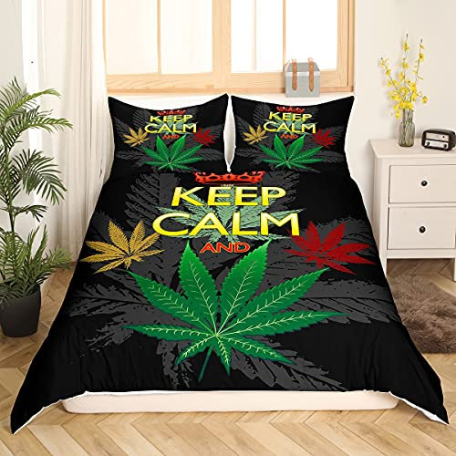 Loussiesd Cannabis Blätter Bettwäsche Set 155x220cm Marihuana Blatt Bettbezug Set für Jungen Mädchen Erwachsene Marihuana Weed Grün Blatt Betten Set Botanisch Hanf Dekor Schlafzimmer Sammlung