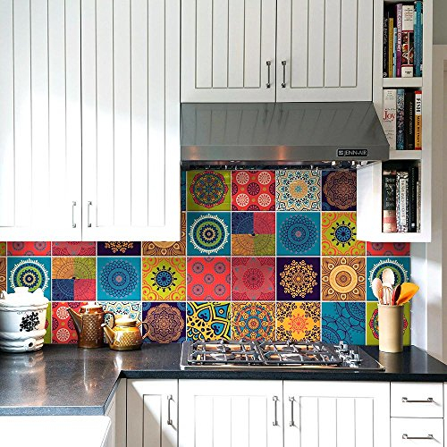 RE-COVERTILES - Fliesenaufkleber Badezimmer und Küche 24 Stck 10x10 cm - PS00180 PVC-Wanddekoration Wasserdicht Fliesen Mosaik Stil Azulejos-Zementfliesen