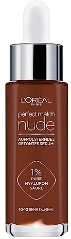 L'Oréal Paris Getöntes Serum, Pflegende, flüssige Foundation mit Hyaluronsäure, Perfect Match Tinted Serum, Nr. 10-12 intensiv dunkel, 1 x 30 ml