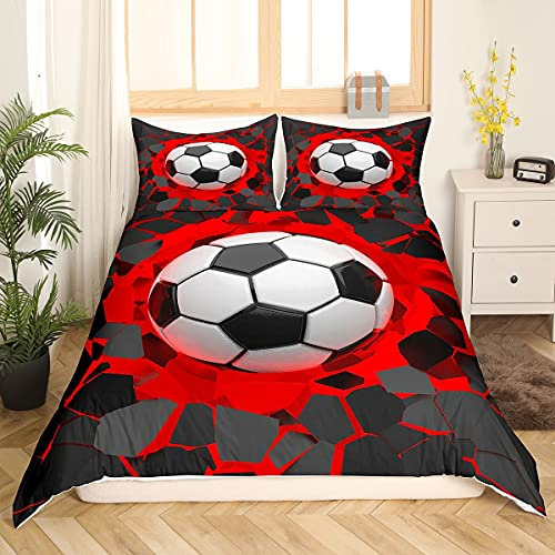 Soccer Ball Bedding Set 3D Geometric Football Duvet Cover for Kids Boys Girls Red Black Comforter Cover Sport Bedding & Linen Room 2Pcs Single,Zipper