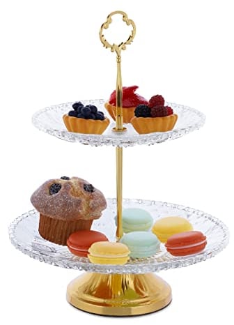 Relaxdays Présentoir à gâteaux, Verre et Fer, H x D : 30 x 23 cm, Plat de Service, 2 étages, Transparent/doré