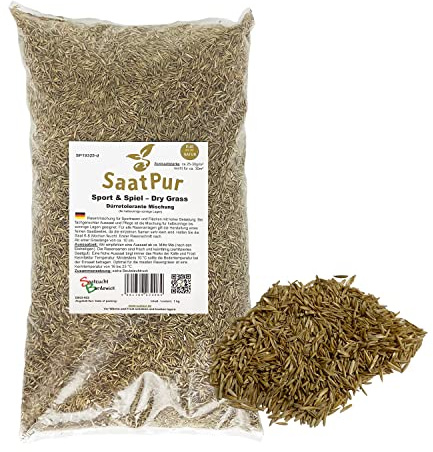 SaatPur® Rasensamen Sport und Spielrasen Dürreresistent 1kg für ca. 30 m², Mehrjährige Rasenmischung aus mehreren Rasenarten, meistens 4 bis 5, satt grün, strapazierfähig, Neusaat und Nachsaat
