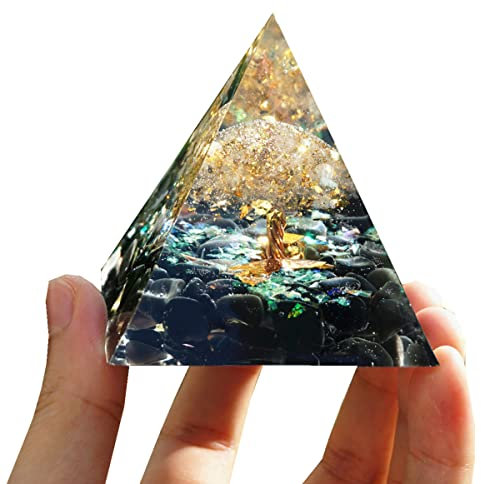 Besorgone Pyramide d'orgonite pour énergie positive, arbre de vie, chakra orgonite, quartz blanc avec pierres de guérison en cristal d'obsidienne, attirer la richesse, la sagesse, la méditation