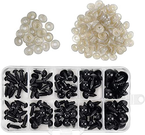 100Pcs Sicherheitsaugen für Häkeltiere, 6mm/8mm/9mm/10mm/12mm Kunststoff Puppenaugen Bastel Augen mit Unterlegscheiben, knopfaugen zum annähen für Plüschtiere, Kuscheltiere, Puppe, Amigurumi (Schwarz)