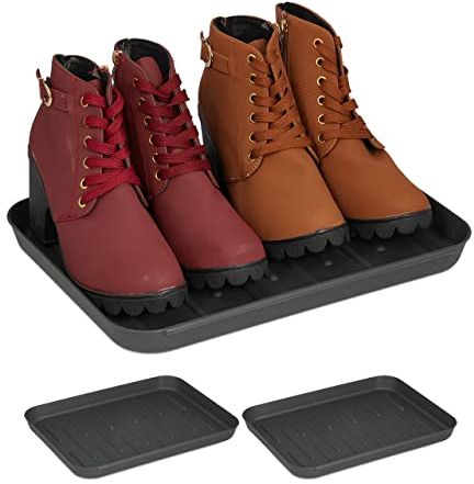 Relaxdays Schuhabtropfschale, 3er Set, Unterlage für nasse Schuhe, HBT: 3 x 35 x 27 cm, Schuhablage Kunststoff, grau