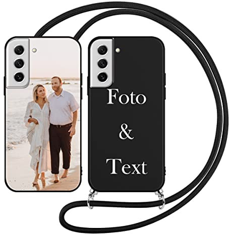 Yoedge Handykette Personalisierte Handyhülle für Samsung Galaxy S21 FE 5G Hülle mit Band Kordel 6,4,Selbst Gestalten/personalisiert mit Foto Bild Text Individuelle Schutzhülle Schwarz Cover Case