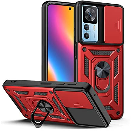 LBH Armor Hülle für Xiaomi 12T / 12T Pro Case mit Kameraschutz Outdoor Stoßfest Handyhülle 360 Grad Metal Ring Halter Ständer Schutzhülle für Handyhalterung Auto Magnet Rot