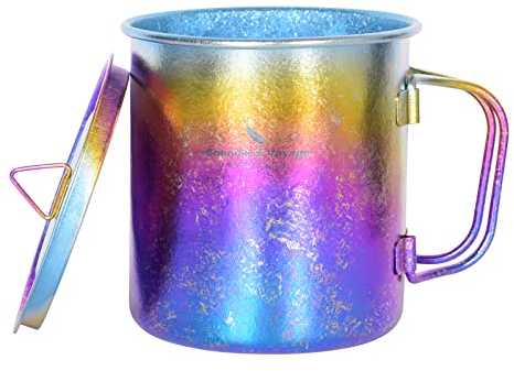 iBasingo 450ml Titanbecher mit Deckel Camping Tee Kaffeetasse Outdoor Reise Metall Drinkware mit Klappgriff Eisblume Single Layer Cup Portable Wandern Picknick Rucksack Ultra-leichtes Geschirr Ti3055D