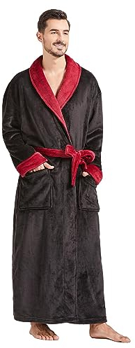 FashGudim Vestaglia uomo grande e alta in pile peluche lunga a tutta lunghezza per uomo, accappatoio con rever, caldo per l'inverno (nero e bordeaux, XXXL)