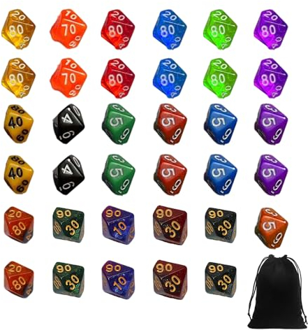 35-teilige Polyesterwürfel mit Aufbewahrungstasche, 1 Stück, Würfel-Set mit 10 Seiten, Rollenspielwürfel, bunte Würfel für Tischspiele, Partys