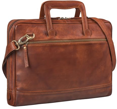 STILORD 'Pierce' Leather Laptop Bag with Handle A4 Portfolio Vintage Messenger Bag for 13.3' MacBooks Business Bag Laptop Satchel Briefcase Genuine Leather, Colour:Brandy - Cognac