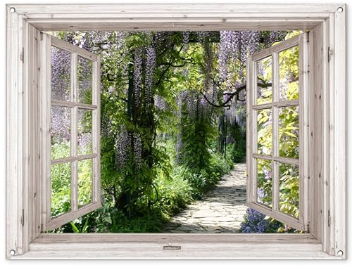 MuchoWow© Gartenposter Groß XXL Outdoor Bilder Gartendeko für draußen | 120x90 cm - Wetterfest Garten Zaun Deko Banner Bild Gartenzaun Glyzinie - Blumen - Fensterblick - Baum - Frühling