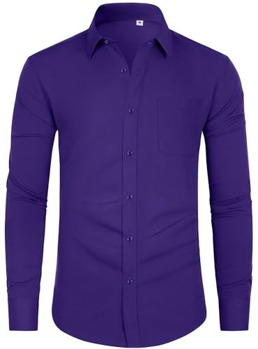 J.VER Men's Long Sleeve Shirts 4-Way Stretch Wrinkle Free Formal Dress Shirt Business Casual Wedding Work Button Down Shirts with Pocket Purple XL